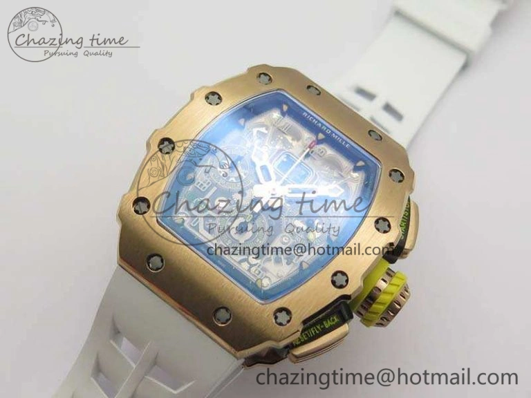 Minimalist RM011 RG Chronograph RG Case KVF 1:1 Best Edition Crystal Skeleton Dial On White Rubber Strap A 9512