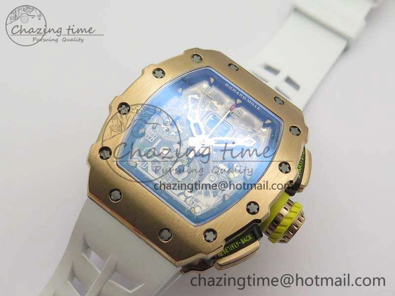 Minimalist RM011 RG Chronograph RG Case KVF 1:1 Best Edition Crystal Skeleton Dial On White Rubber Strap A 9512