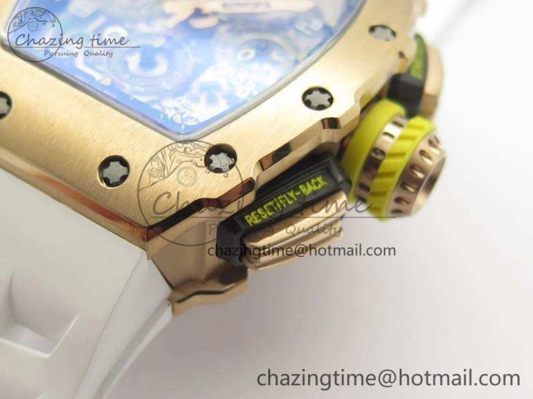 Minimalist RM011 RG Chronograph RG Case KVF 1:1 Best Edition Crystal Skeleton Dial On White Rubber Strap A 9512