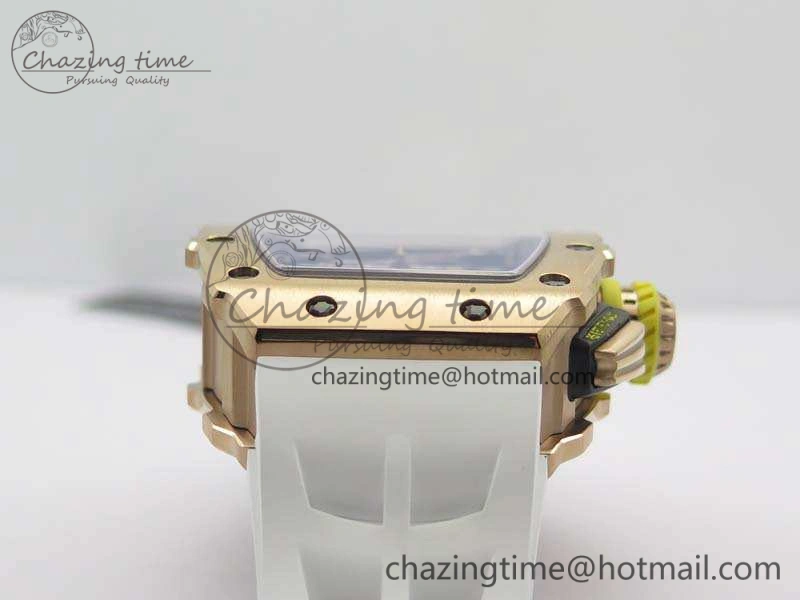 Minimalist RM011 RG Chronograph RG Case KVF 1:1 Best Edition Crystal Skeleton Dial On White Rubber Strap A 9512