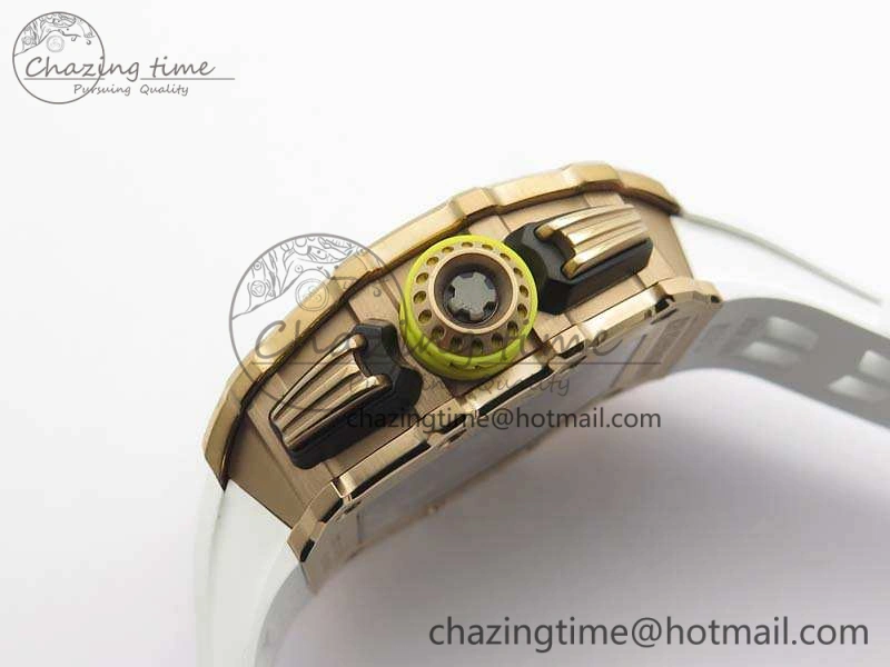 Minimalist RM011 RG Chronograph RG Case KVF 1:1 Best Edition Crystal Skeleton Dial On White Rubber Strap A 9512