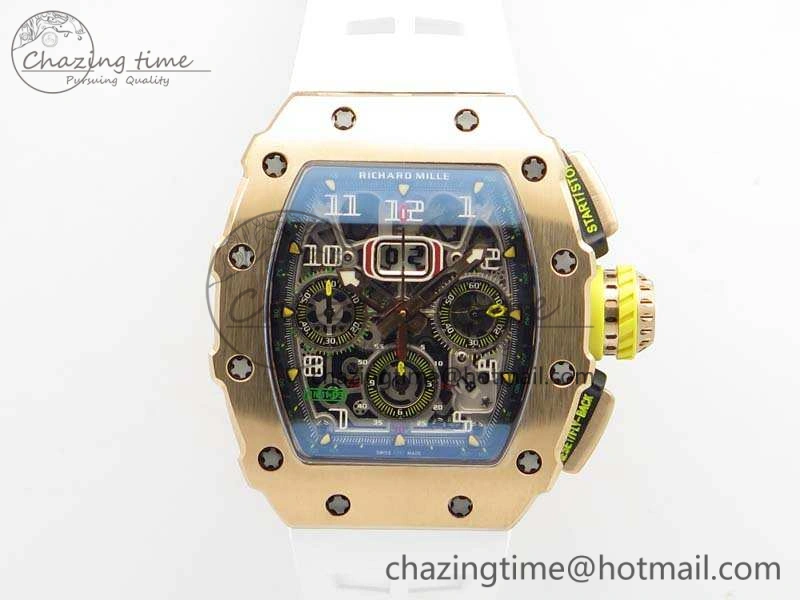 Minimalist RM011 RG Chronograph RG Case KVF 1:1 Best Edition Crystal Skeleton Dial On White Rubber Strap A 9512