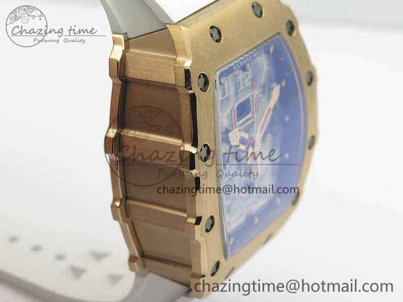 Minimalist RM011 RG Chronograph RG Case KVF 1:1 Best Edition Crystal Skeleton Dial On White Rubber Strap A 9512