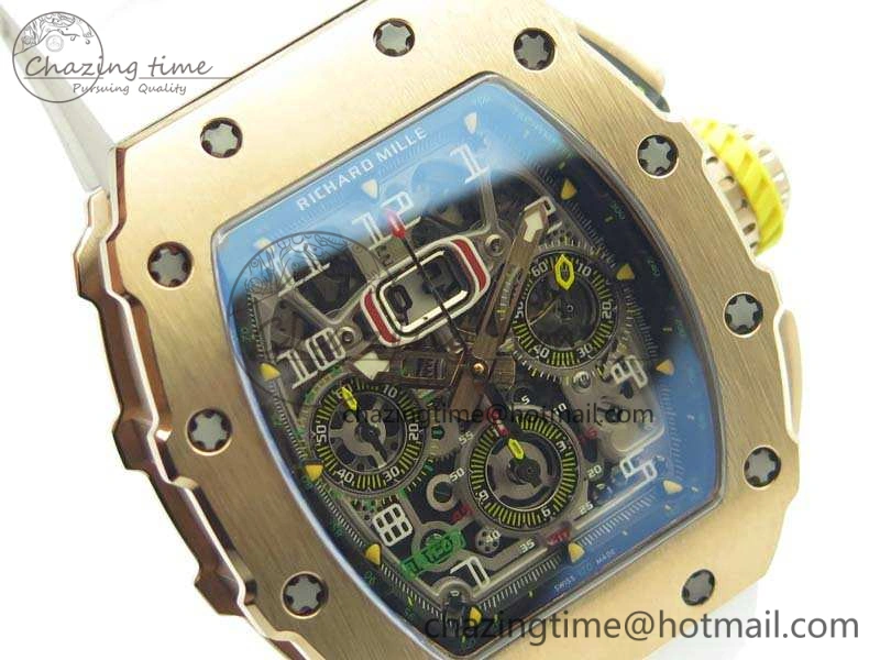 Minimalist RM011 RG Chronograph RG Case KVF 1:1 Best Edition Crystal Skeleton Dial On White Rubber Strap A 9512