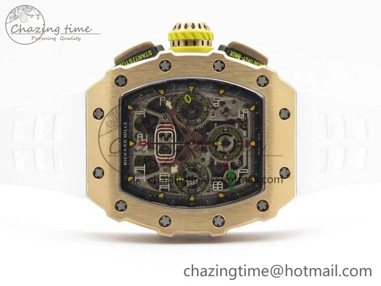 Minimalist RM011 RG Chronograph RG Case KVF 1:1 Best Edition Crystal Skeleton Dial On White Rubber Strap A 9512