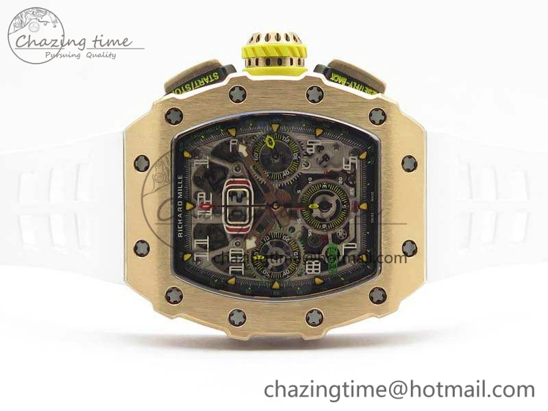 Minimalist RM011 RG Chronograph RG Case KVF 1:1 Best Edition Crystal Skeleton Dial On White Rubber Strap A 9512