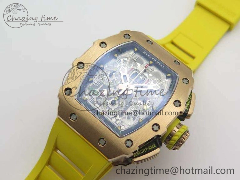 RM011 RG Chronograph RG Case KVF 1:1 Best Edition Crystal Skeleton Dial On Yellow Rubber Strap A Practical 9506