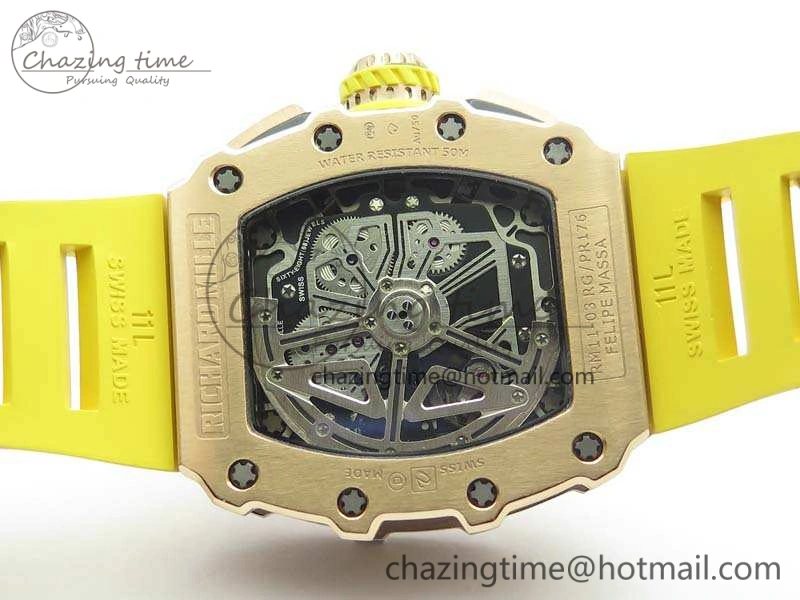RM011 RG Chronograph RG Case KVF 1:1 Best Edition Crystal Skeleton Dial On Yellow Rubber Strap A Practical 9506