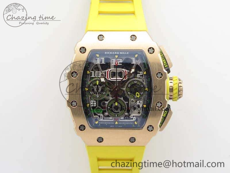 RM011 RG Chronograph RG Case KVF 1:1 Best Edition Crystal Skeleton Dial On Yellow Rubber Strap A Practical 9506