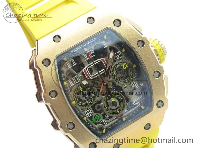 RM011 RG Chronograph RG Case KVF 1:1 Best Edition Crystal Skeleton Dial On Yellow Rubber Strap A Practical 9506