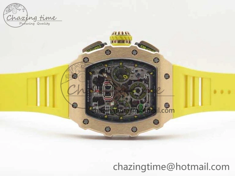 RM011 RG Chronograph RG Case KVF 1:1 Best Edition Crystal Skeleton Dial On Yellow Rubber Strap A Practical 9506