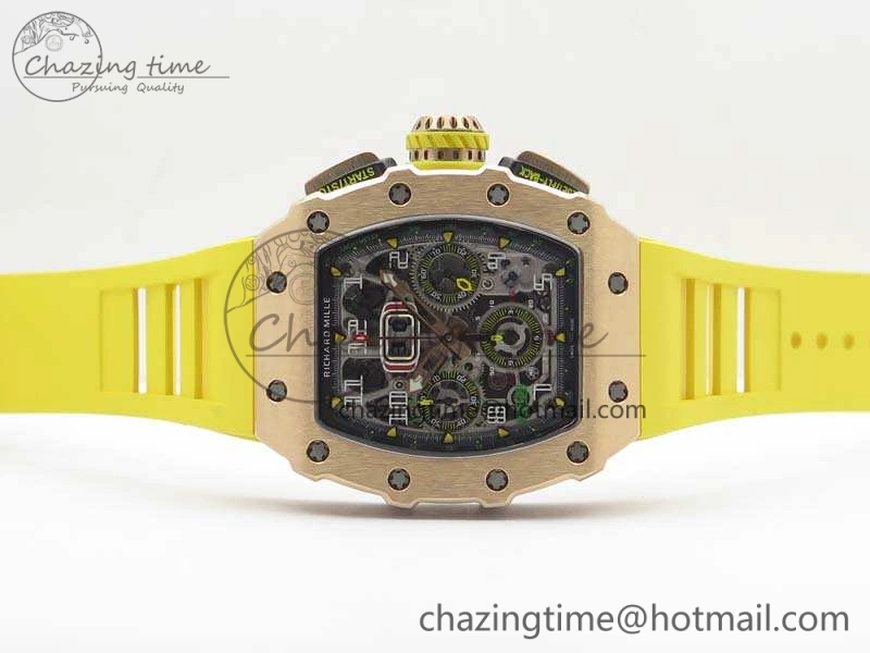 RM011 RG Chronograph RG Case KVF 1:1 Best Edition Crystal Skeleton Dial On Yellow Rubber Strap A Practical 9506