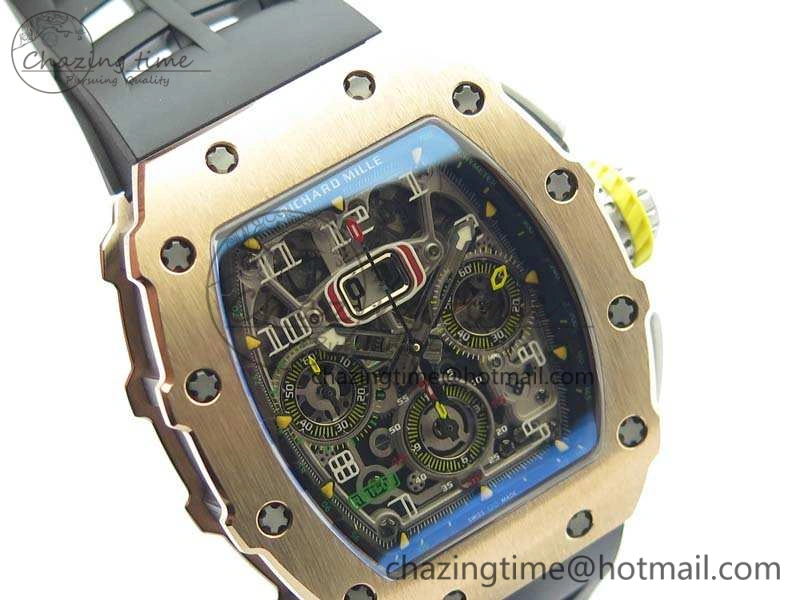 RelaxedFit RM011 RG Chronograph SS Case KVF 1:1 Best Edition Crystal Skeleton Dial On Black Rubber Strap A 9513
