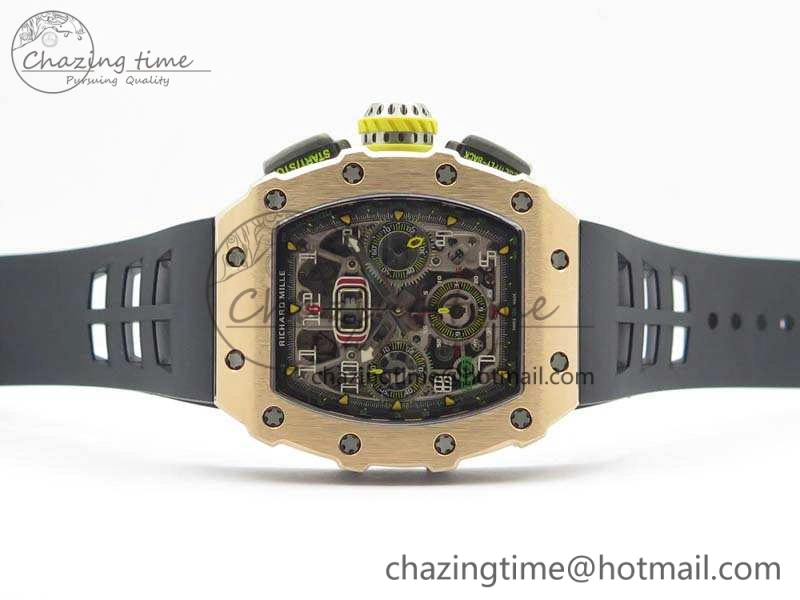 RelaxedFit RM011 RG Chronograph SS Case KVF 1:1 Best Edition Crystal Skeleton Dial On Black Rubber Strap A 9513