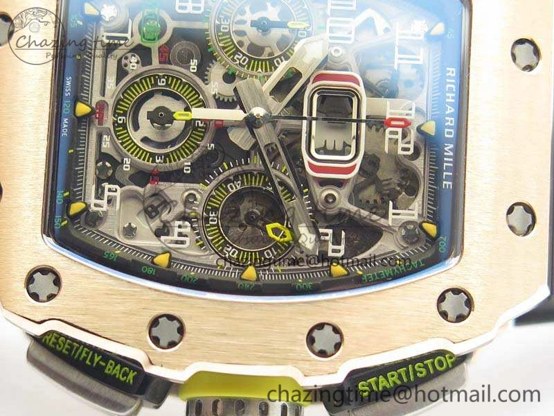 RelaxedFit RM011 RG Chronograph SS Case KVF 1:1 Best Edition Crystal Skeleton Dial On Black Rubber Strap A 9513