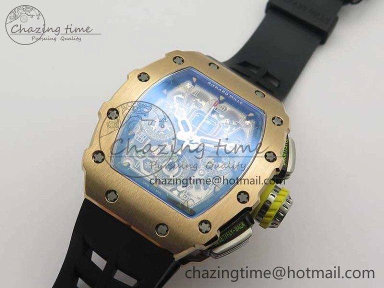 RelaxedFit RM011 RG Chronograph SS Case KVF 1:1 Best Edition Crystal Skeleton Dial On Black Rubber Strap A 9513