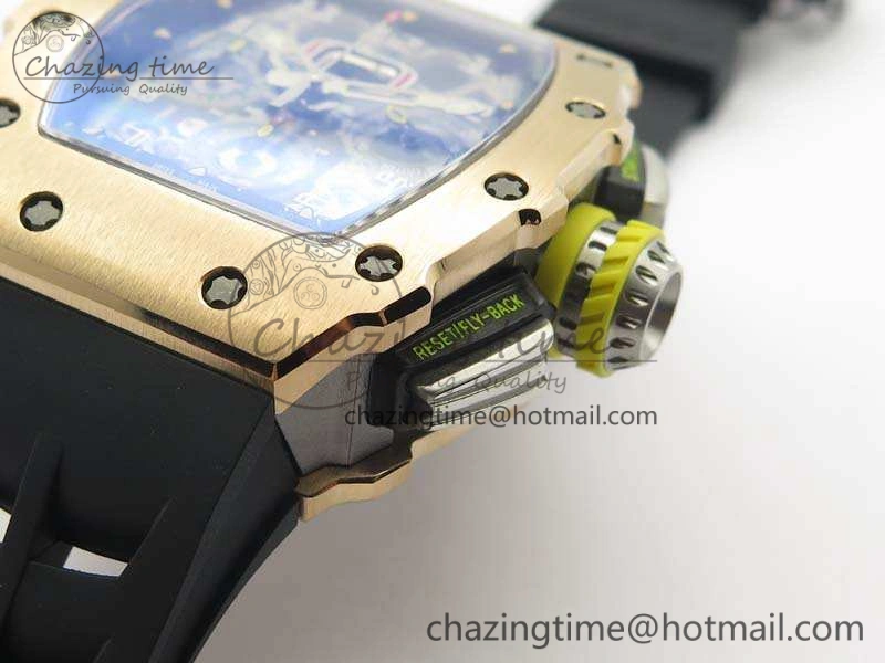 RelaxedFit RM011 RG Chronograph SS Case KVF 1:1 Best Edition Crystal Skeleton Dial On Black Rubber Strap A 9513