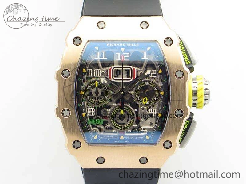 RelaxedFit RM011 RG Chronograph SS Case KVF 1:1 Best Edition Crystal Skeleton Dial On Black Rubber Strap A 9513