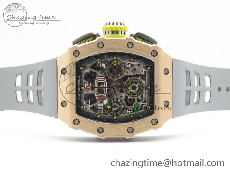RM011 RG Chronograph SS Case KVF 1:1 Best Edition Crystal Skeleton Dial On Gray Rubber Strap A SunProtective 9515