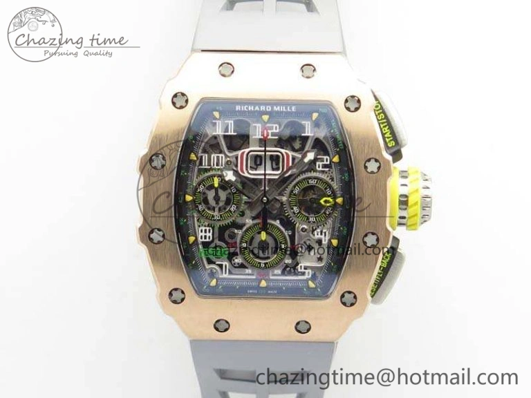RM011 RG Chronograph SS Case KVF 1:1 Best Edition Crystal Skeleton Dial On Gray Rubber Strap A SunProtective 9515