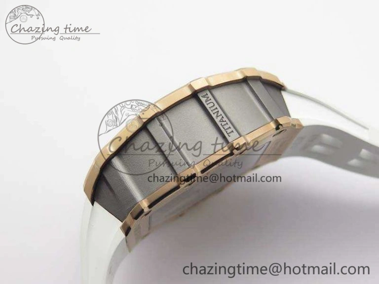 TopPick RM011 RG Chronograph SS Case KVF 1:1 Best Edition Crystal Skeleton Dial On White Rubber Strap A 9511