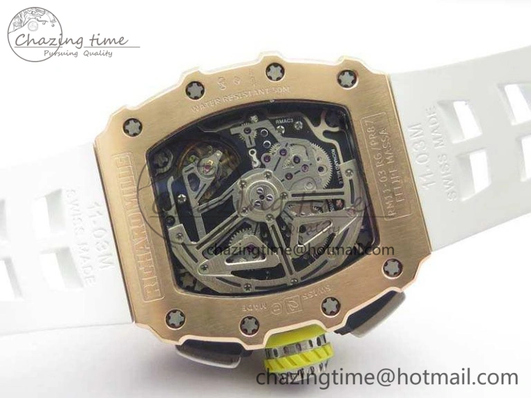 TopPick RM011 RG Chronograph SS Case KVF 1:1 Best Edition Crystal Skeleton Dial On White Rubber Strap A 9511
