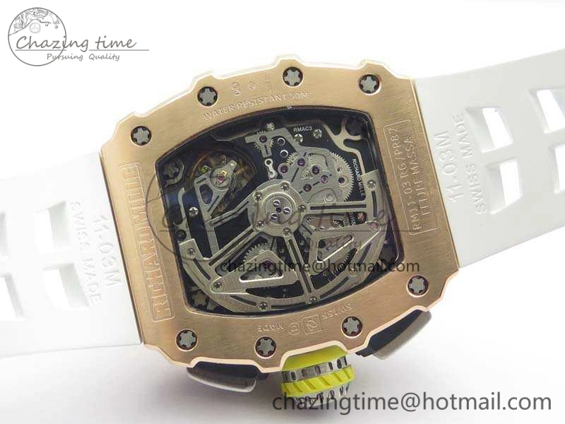 TopPick RM011 RG Chronograph SS Case KVF 1:1 Best Edition Crystal Skeleton Dial On White Rubber Strap A 9511
