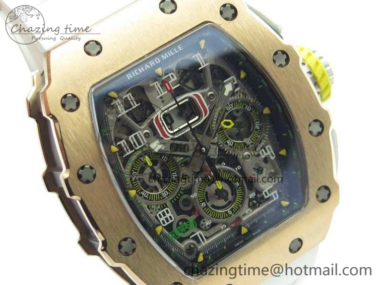 TopPick RM011 RG Chronograph SS Case KVF 1:1 Best Edition Crystal Skeleton Dial On White Rubber Strap A 9511