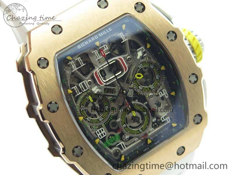 TopPick RM011 RG Chronograph SS Case KVF 1:1 Best Edition Crystal Skeleton Dial On White Rubber Strap A 9511