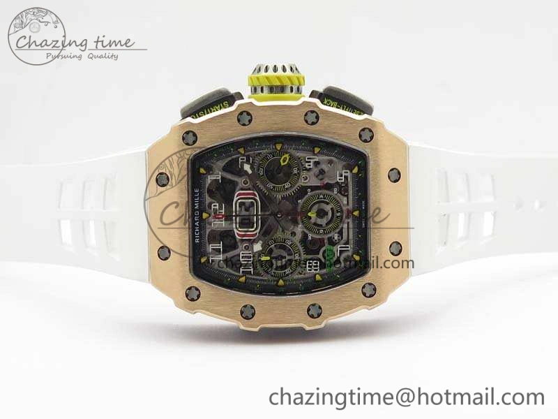 TopPick RM011 RG Chronograph SS Case KVF 1:1 Best Edition Crystal Skeleton Dial On White Rubber Strap A 9511