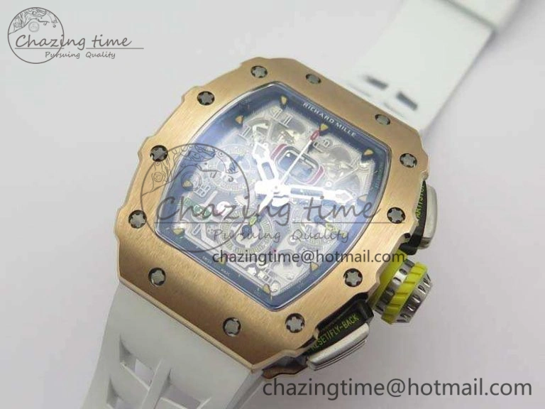 TopPick RM011 RG Chronograph SS Case KVF 1:1 Best Edition Crystal Skeleton Dial On White Rubber Strap A 9511