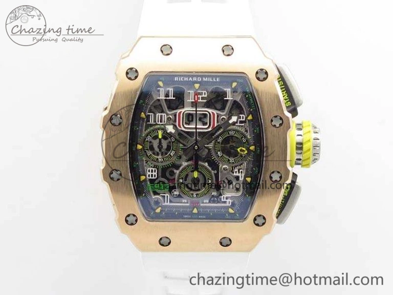 TopPick RM011 RG Chronograph SS Case KVF 1:1 Best Edition Crystal Skeleton Dial On White Rubber Strap A 9511