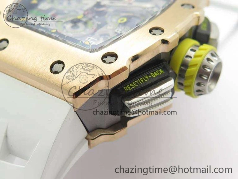 TopPick RM011 RG Chronograph SS Case KVF 1:1 Best Edition Crystal Skeleton Dial On White Rubber Strap A 9511