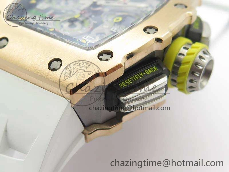 TopPick RM011 RG Chronograph SS Case KVF 1:1 Best Edition Crystal Skeleton Dial On White Rubber Strap A 9511