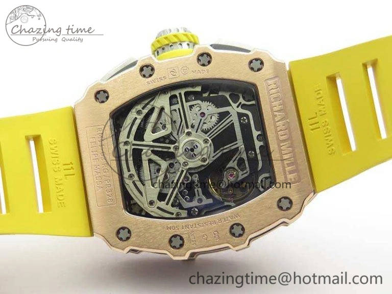 Practical RM011 RG Chronograph SS Case KVF 1:1 Best Edition Crystal Skeleton Dial On Yellow Rubber Strap A 9507