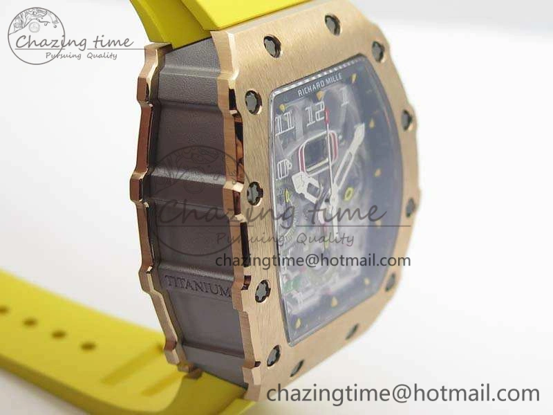 Practical RM011 RG Chronograph SS Case KVF 1:1 Best Edition Crystal Skeleton Dial On Yellow Rubber Strap A 9507