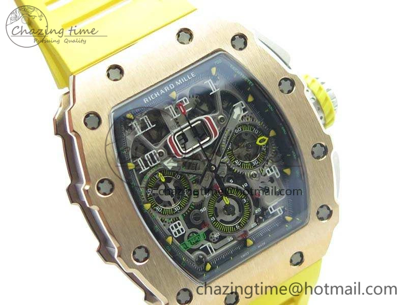 Practical RM011 RG Chronograph SS Case KVF 1:1 Best Edition Crystal Skeleton Dial On Yellow Rubber Strap A 9507