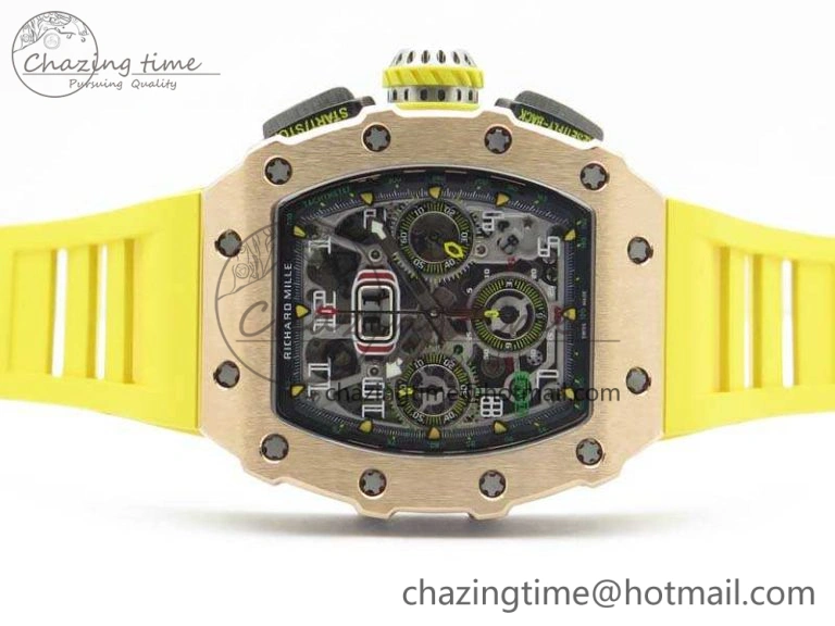 Practical RM011 RG Chronograph SS Case KVF 1:1 Best Edition Crystal Skeleton Dial On Yellow Rubber Strap A 9507