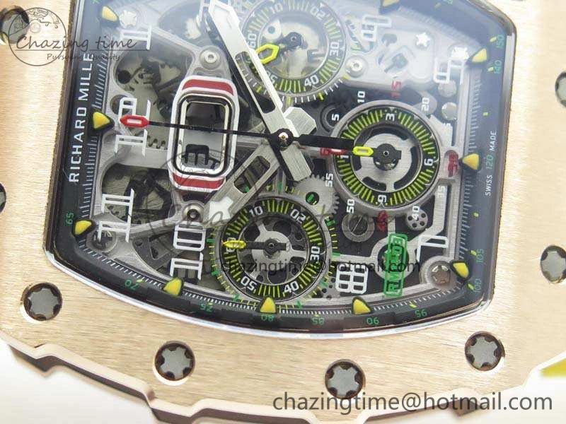 Practical RM011 RG Chronograph SS Case KVF 1:1 Best Edition Crystal Skeleton Dial On Yellow Rubber Strap A 9507