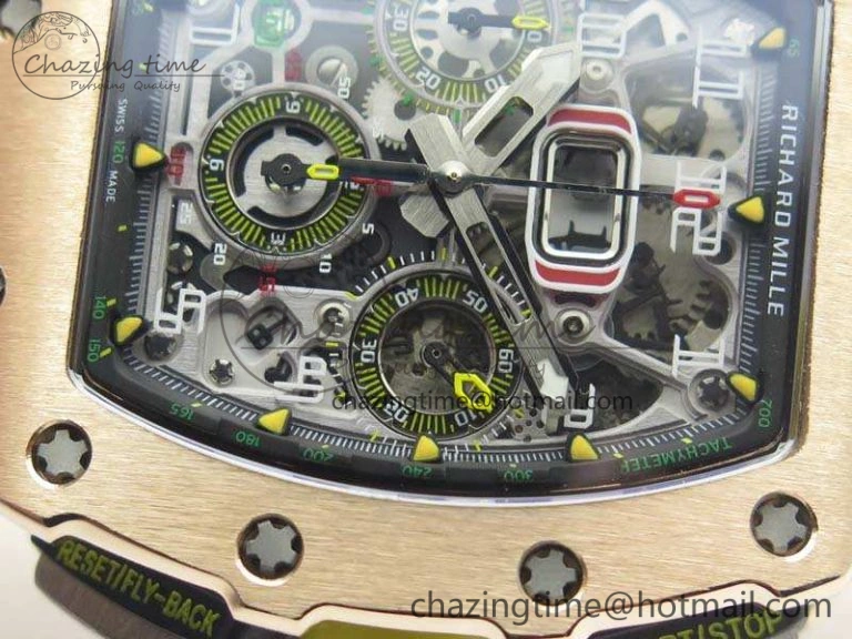 Practical RM011 RG Chronograph SS Case KVF 1:1 Best Edition Crystal Skeleton Dial On Yellow Rubber Strap A 9507