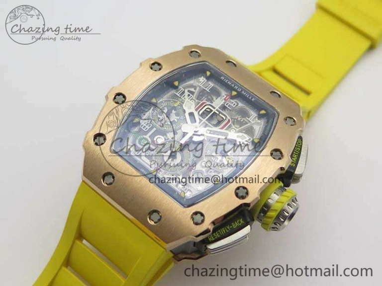 Practical RM011 RG Chronograph SS Case KVF 1:1 Best Edition Crystal Skeleton Dial On Yellow Rubber Strap A 9507