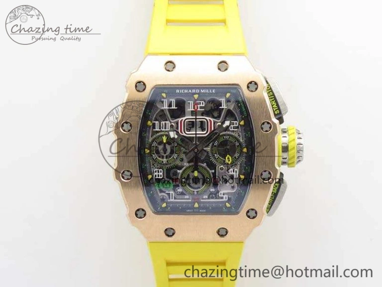 Practical RM011 RG Chronograph SS Case KVF 1:1 Best Edition Crystal Skeleton Dial On Yellow Rubber Strap A 9507