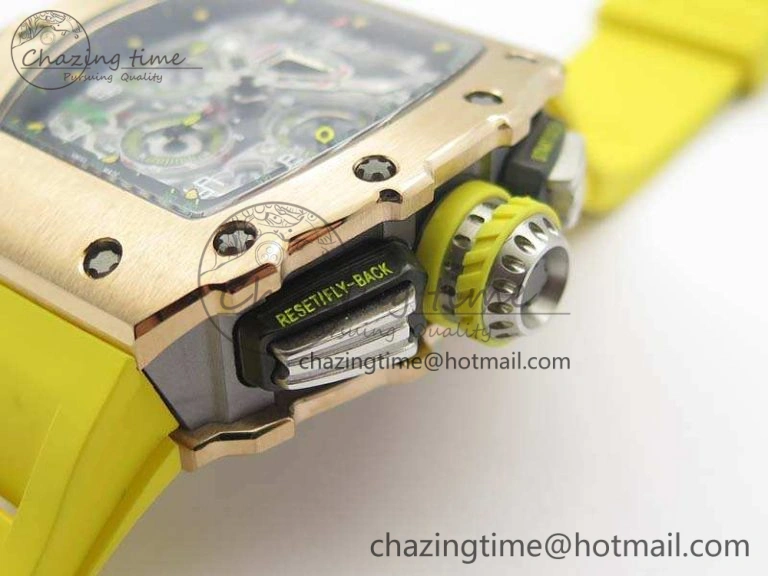 Practical RM011 RG Chronograph SS Case KVF 1:1 Best Edition Crystal Skeleton Dial On Yellow Rubber Strap A 9507