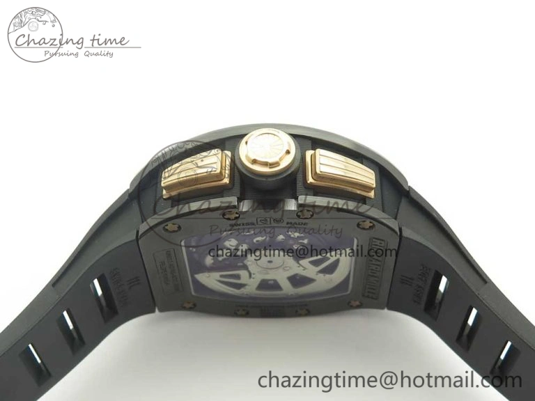 SunProtective RM011 Real Ceramic Case Chronograph KVF 1:1 Best Edition Crystal Skeleton Dial Gold Markers on Black Rubber Strap A 9468