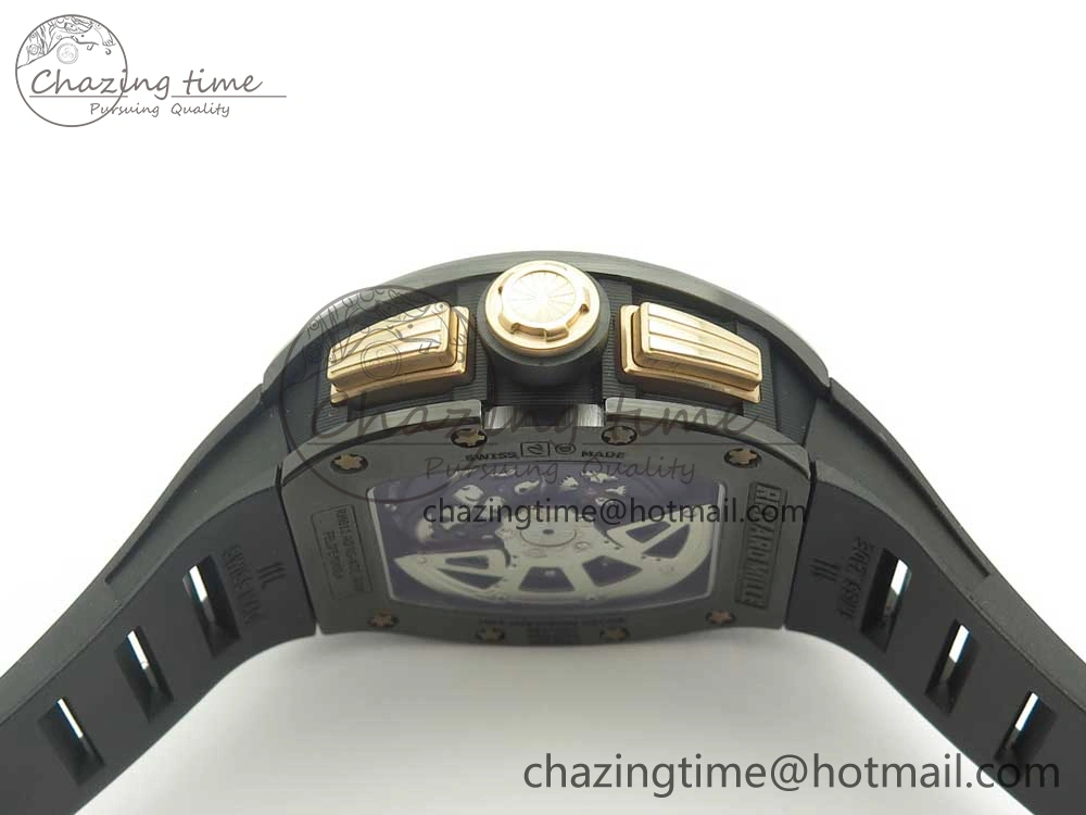 SunProtective RM011 Real Ceramic Case Chronograph KVF 1:1 Best Edition Crystal Skeleton Dial Gold Markers on Black Rubber Strap A 9468