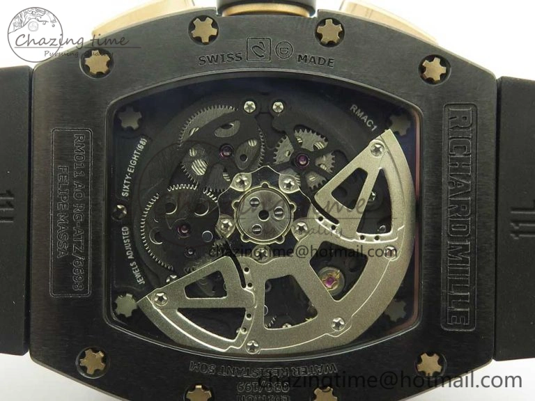 SunProtective RM011 Real Ceramic Case Chronograph KVF 1:1 Best Edition Crystal Skeleton Dial Gold Markers on Black Rubber Strap A 9468