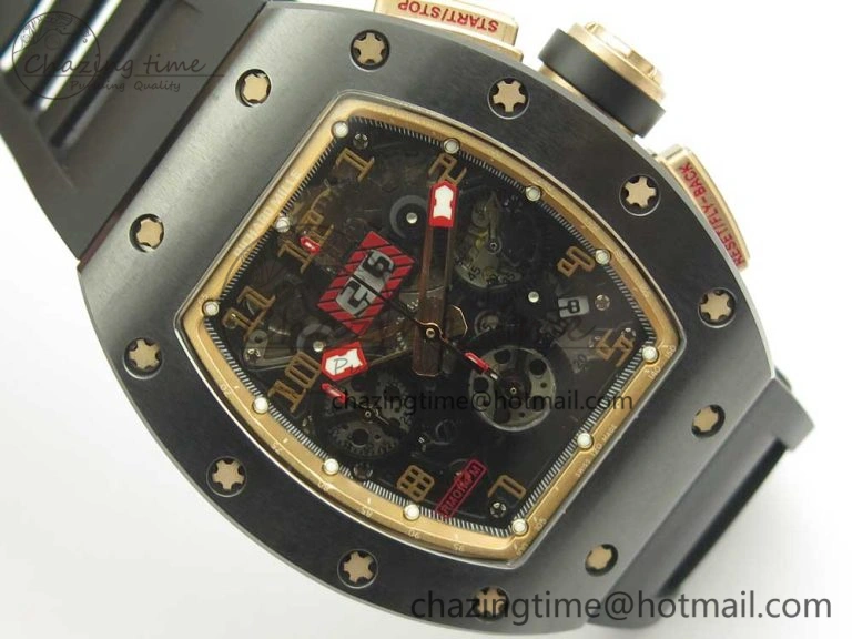 SunProtective RM011 Real Ceramic Case Chronograph KVF 1:1 Best Edition Crystal Skeleton Dial Gold Markers on Black Rubber Strap A 9468