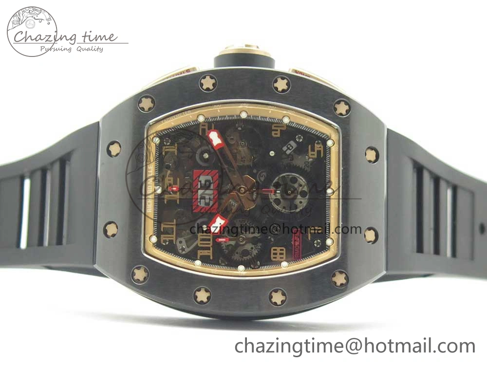 SunProtective RM011 Real Ceramic Case Chronograph KVF 1:1 Best Edition Crystal Skeleton Dial Gold Markers on Black Rubber Strap A 9468