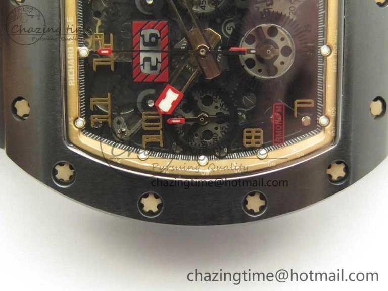 SunProtective RM011 Real Ceramic Case Chronograph KVF 1:1 Best Edition Crystal Skeleton Dial Gold Markers on Black Rubber Strap A 9468