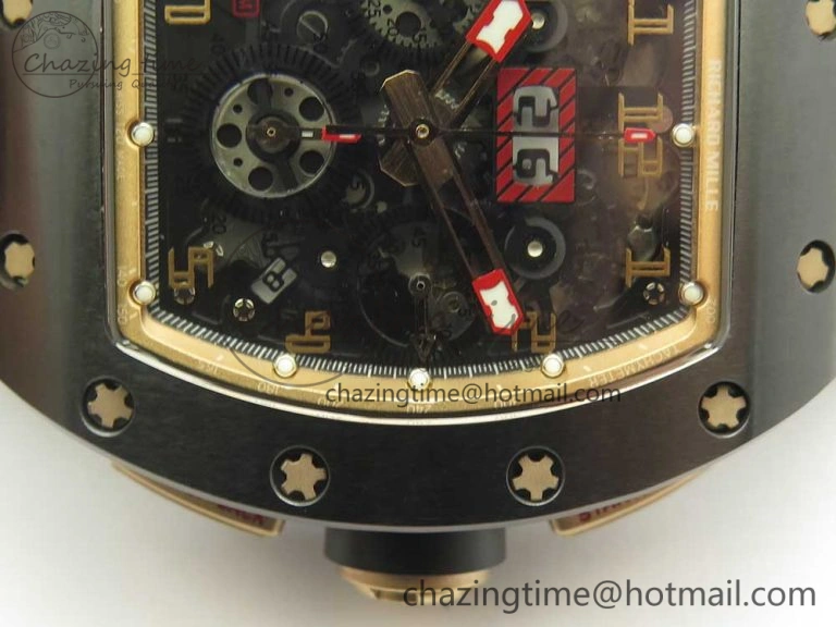 SunProtective RM011 Real Ceramic Case Chronograph KVF 1:1 Best Edition Crystal Skeleton Dial Gold Markers on Black Rubber Strap A 9468